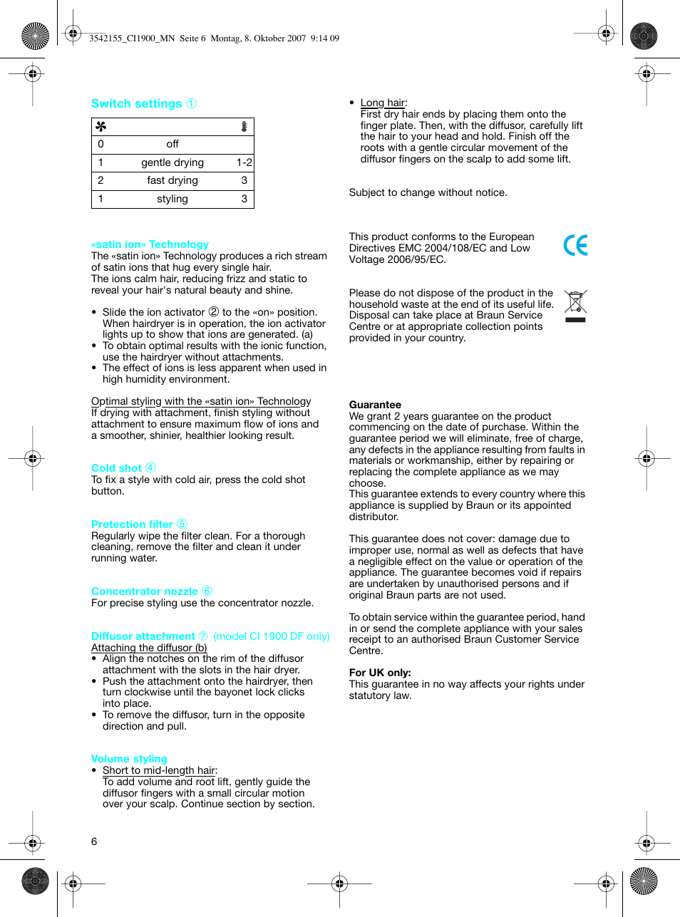 Braun CI1900 creation satin ions User Manual | Page 6 / 40