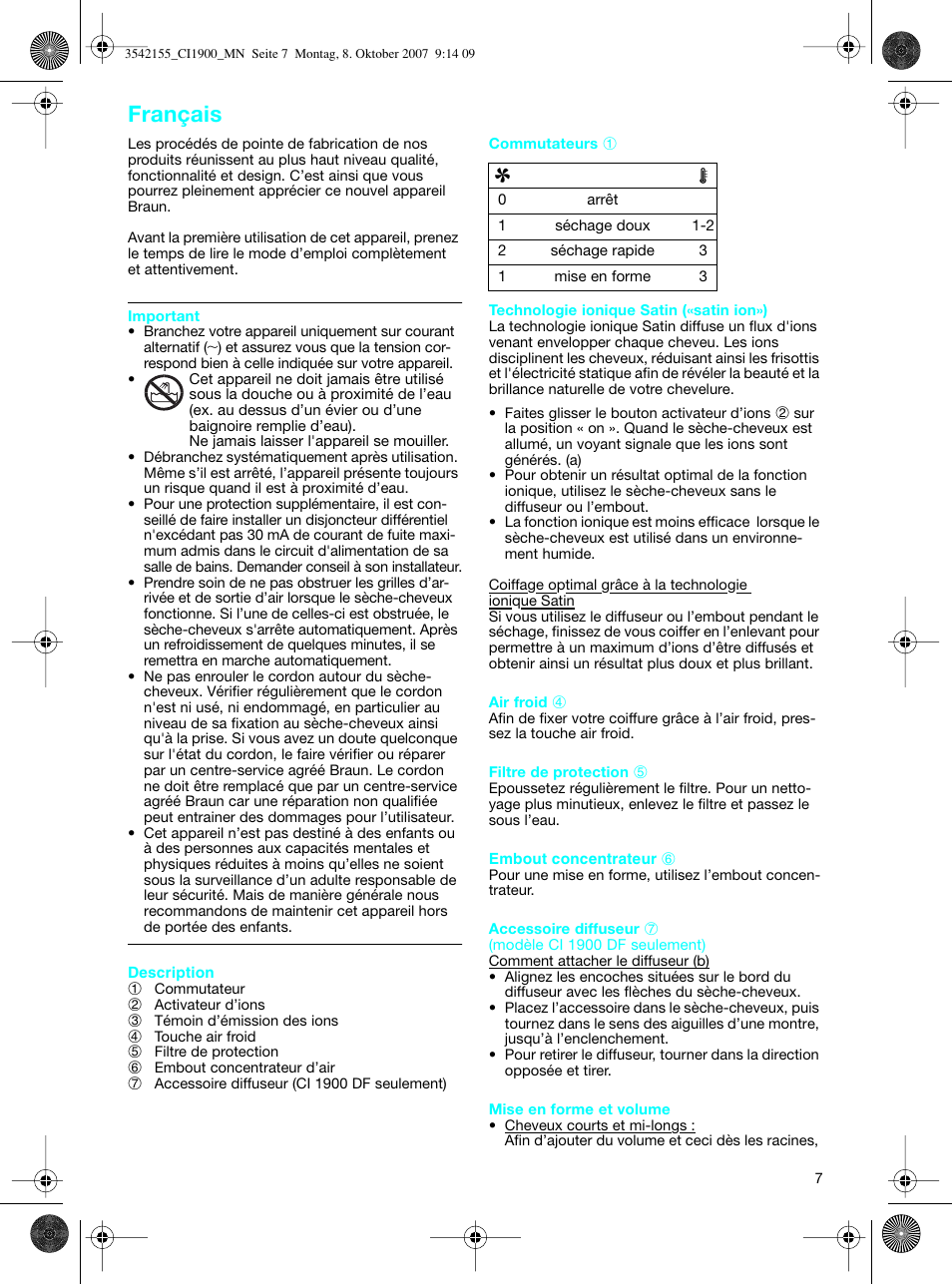 Français | Braun CI1900 creation satin ions User Manual | Page 7 / 40
