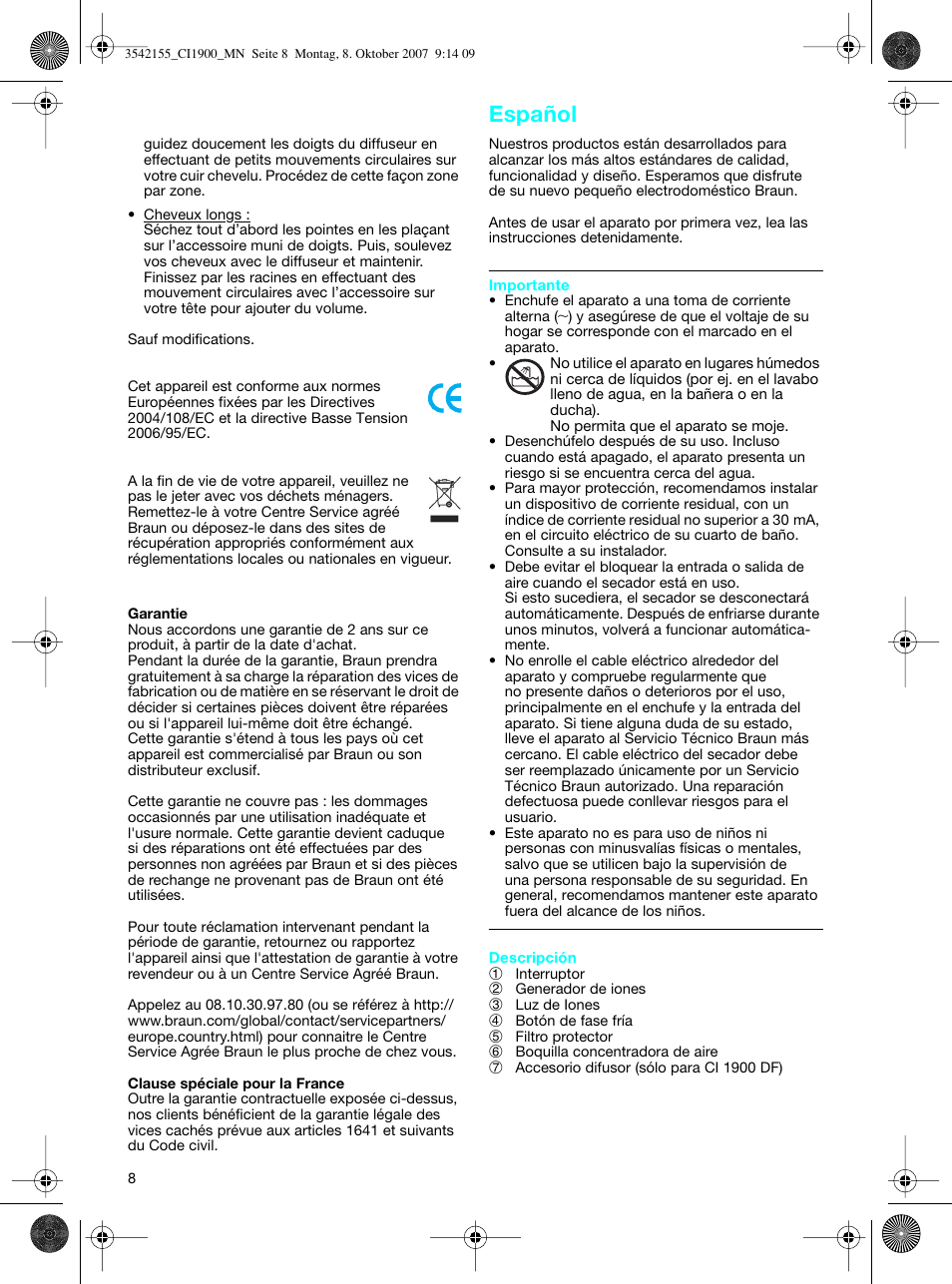 Español | Braun CI1900 creation satin ions User Manual | Page 8 / 40