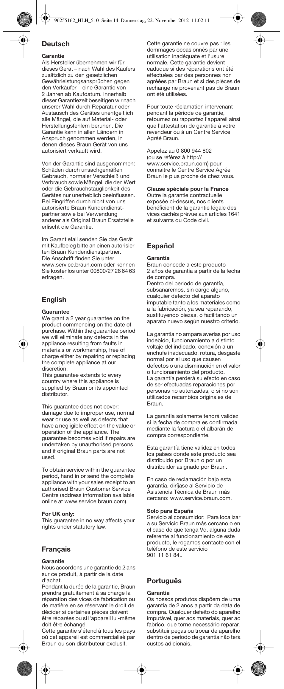 Deutsch, English, Français | Español, Português | Braun HLH510 Satin Hair 5 User Manual | Page 15 / 20