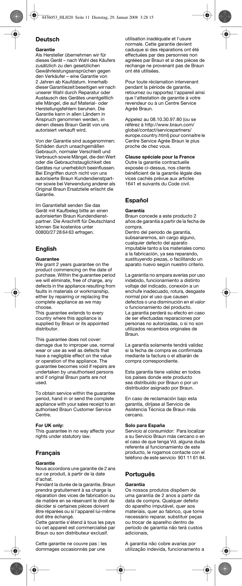 Deutsch, English, Français | Español, Português | Braun HLH20 Elegance User Manual | Page 12 / 17