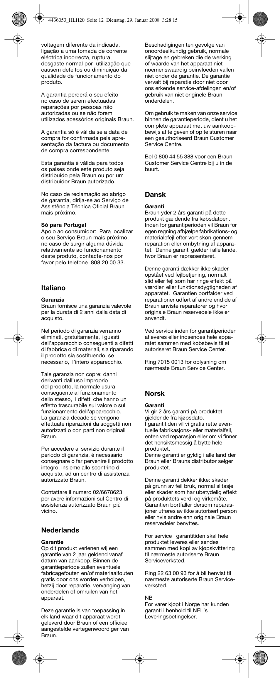 Italiano, Nederlands, Dansk | Norsk | Braun HLH20 Elegance User Manual | Page 13 / 17