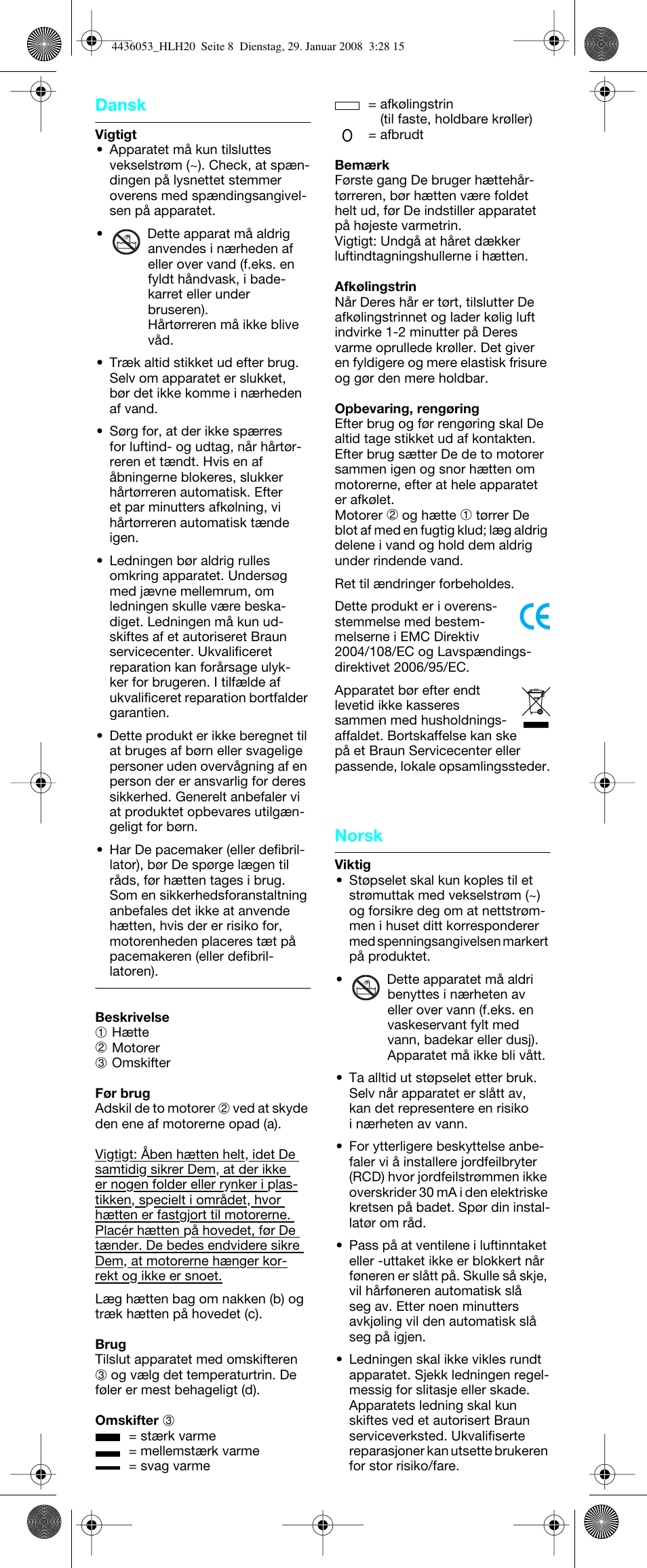 Dansk, Norsk | Braun HLH20 Elegance User Manual | Page 9 / 17