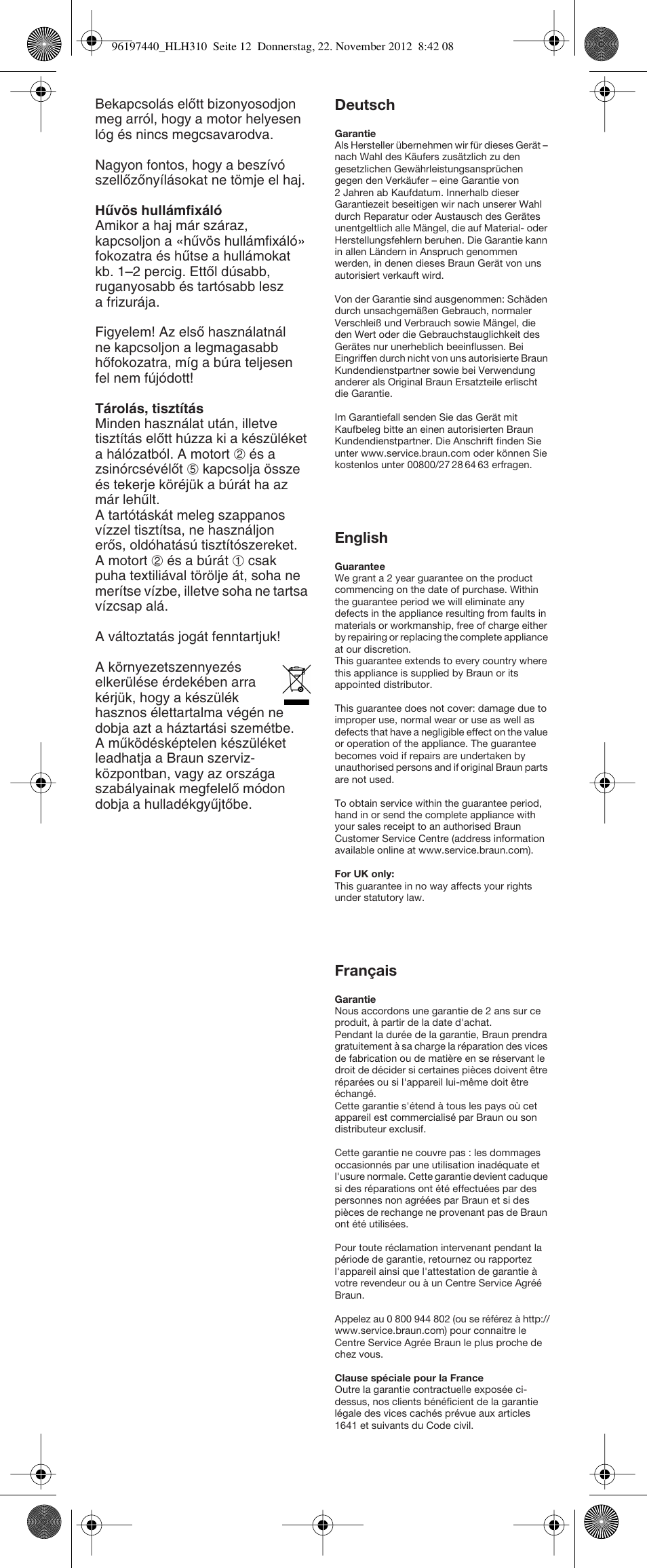 Deutsch, English, Français | Braun HLH310 Satin Hair 3 User Manual | Page 12 / 16