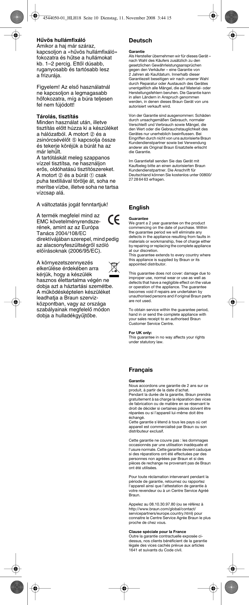 Deutsch, English, Français | Braun HLH18 Classic User Manual | Page 10 / 14