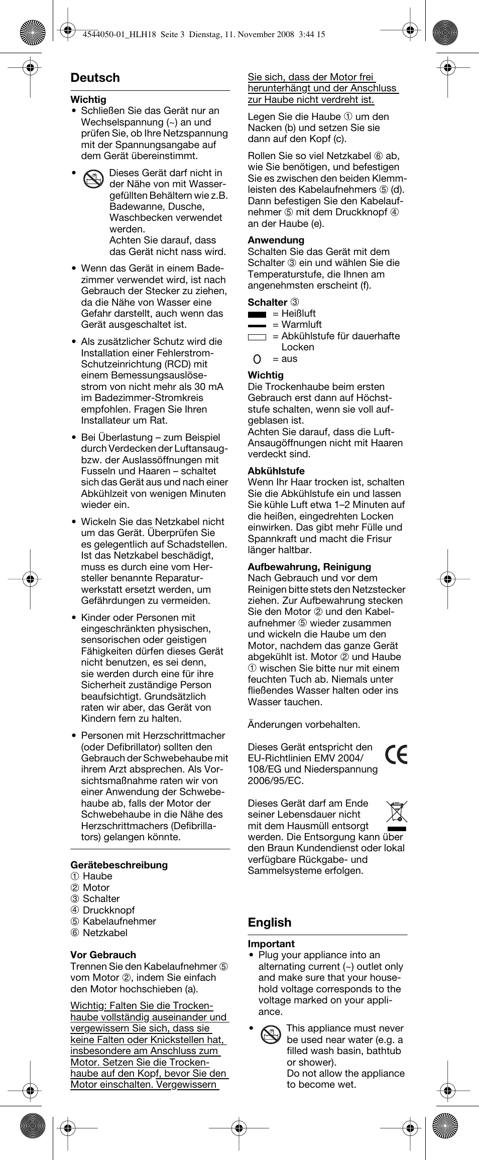 Deutsch, English | Braun HLH18 Classic User Manual | Page 3 / 14