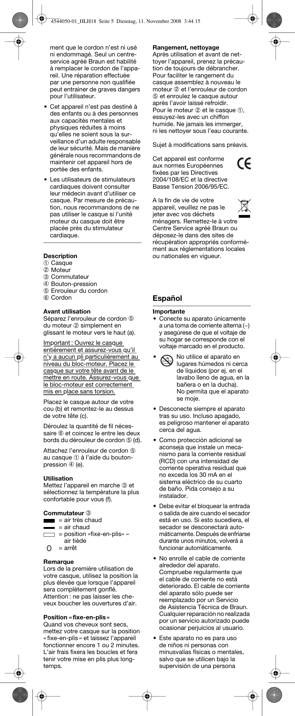 Español | Braun HLH18 Classic User Manual | Page 5 / 14