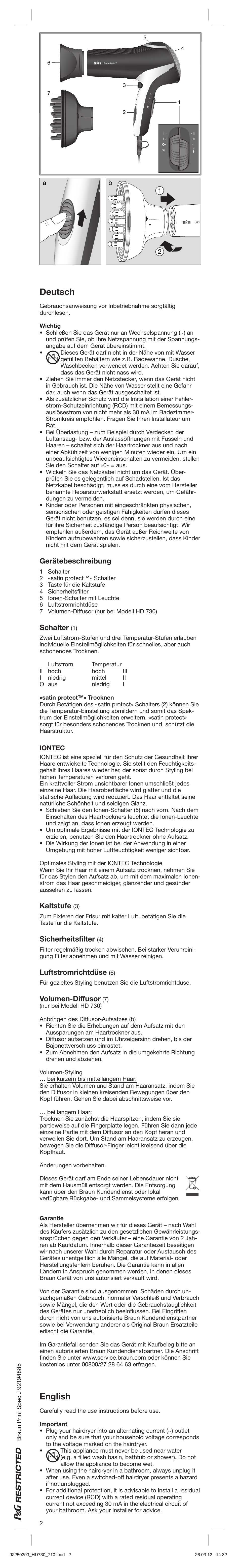 Deutsch, English, Gerätebeschreibung | Schalter, Kaltstufe, Sicherheitsfilter, Luftstromrichtdüse, Volumen-diffusor, Iontec | Braun HD710 Satin Hair 7 User Manual | Page 2 / 21