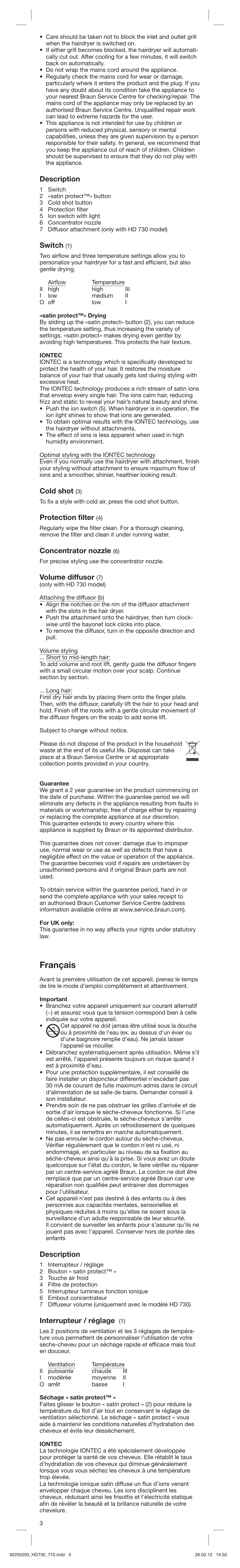 Français, Description, Switch | Cold shot, Protection filter, Concentrator nozzle, Volume diffusor, Interrupteur / réglage | Braun HD710 Satin Hair 7 User Manual | Page 3 / 21