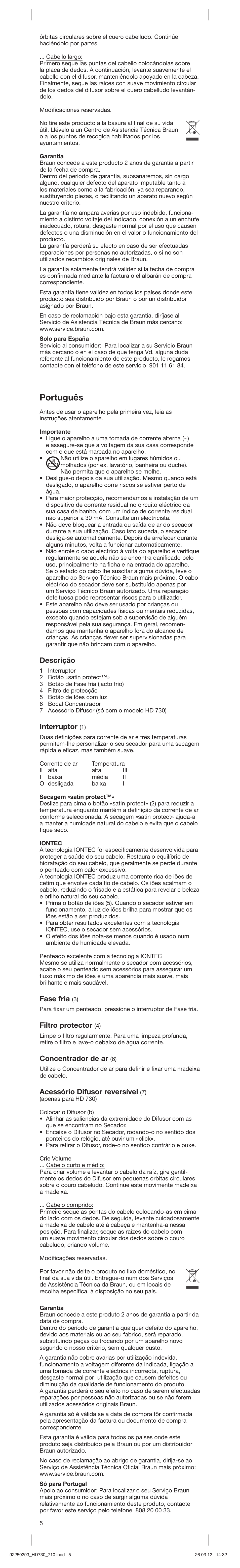 Português, Descrição, Interruptor | Fase fria, Filtro protector, Concentrador de ar, Acessório difusor reversível | Braun HD710 Satin Hair 7 User Manual | Page 5 / 21