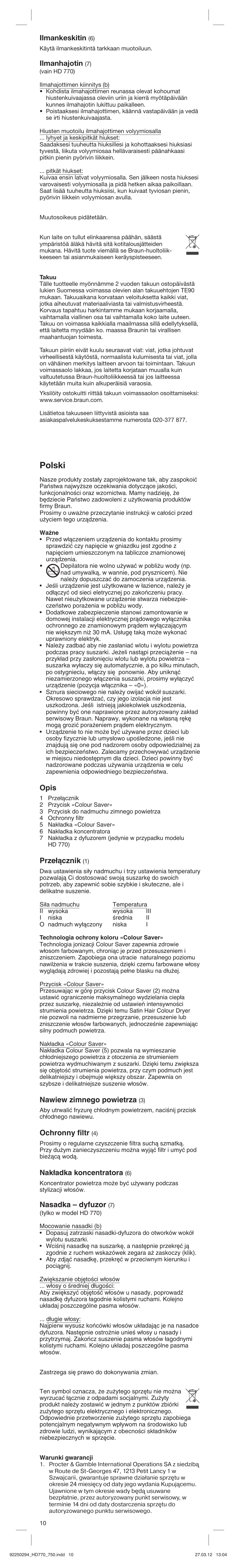 Polski, Ilmankeskitin, Ilmanhajotin | Opis, Prze∏àcznik, Nawiew zimnego powietrza, Ochronny filtr, Nakładka koncentratora, Nasadka – dyfuzor | Braun HD750 Satin Hair 7 User Manual | Page 10 / 21