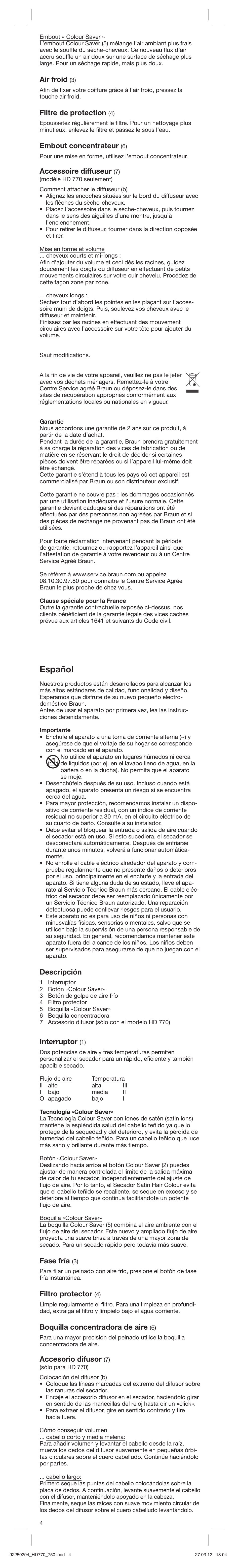 Español, Air froid, Filtre de protection | Embout concentrateur, Accessoire diffuseur, Descripción, Interruptor, Fase fría, Filtro protector, Boquilla concentradora de aire | Braun HD750 Satin Hair 7 User Manual | Page 4 / 21