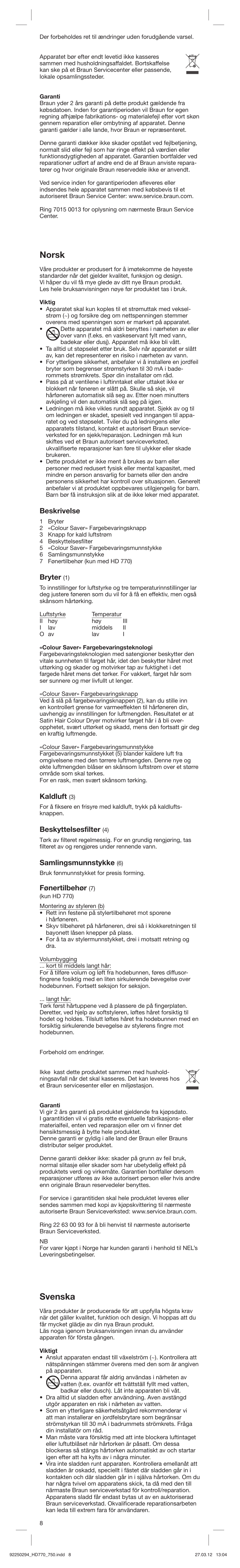 Norsk, Svenska, Beskrivelse | Bryter, Kaldluft, Beskyttelsesfilter, Samlingsmunnstykke, Fønertilbehør | Braun HD750 Satin Hair 7 User Manual | Page 8 / 21
