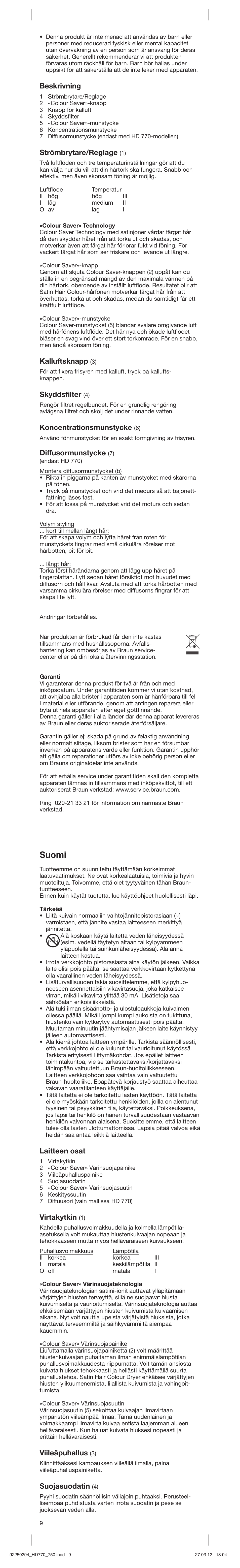 Suomi, Beskrivning, Strömbrytare/reglage | Kalluftsknapp, Skyddsfilter, Koncentrationsmunstycke, Diffusormunstycke, Laitteen osat, Virtakytkin, Viileäpuhallus | Braun HD750 Satin Hair 7 User Manual | Page 9 / 21
