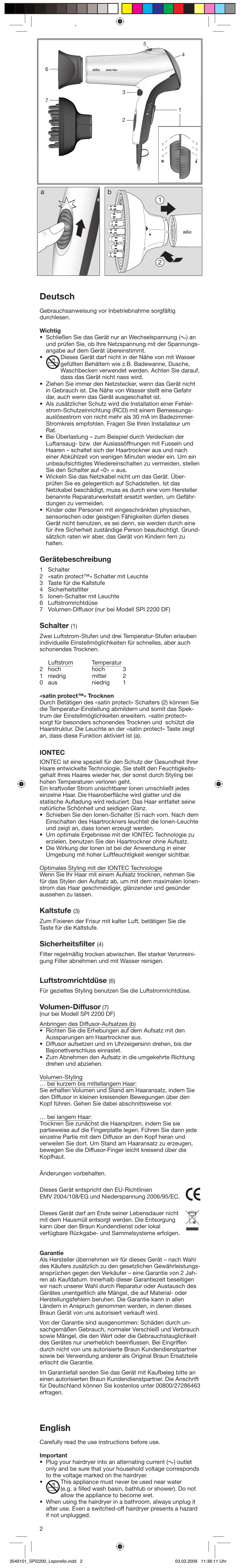 Deutsch, English, Gerätebeschreibung | Schalter, Kaltstufe, Sicherheitsfilter, Luftstromrichtdüse, Volumen-diffusor | Braun SPI2200 Satin Hair satinpro User Manual | Page 2 / 21
