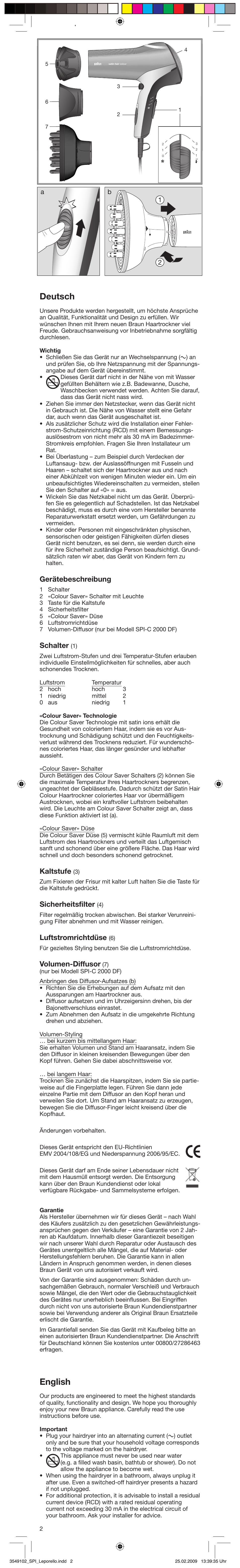 Deutsch, English, Gerätebeschreibung | Schalter, Kaltstufe, Sicherheitsfilter, Luftstromrichtdüse, Volumen-diffusor | Braun SPI-C2000 Satin Hair Colour User Manual | Page 2 / 23