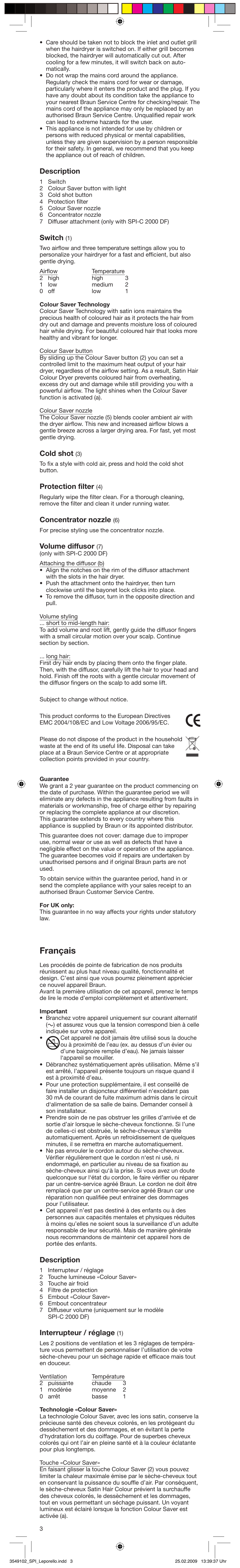 Français, Description, Switch | Cold shot, Protection filter, Concentrator nozzle, Volume diffusor, Interrupteur / réglage | Braun SPI-C2000 Satin Hair Colour User Manual | Page 3 / 23