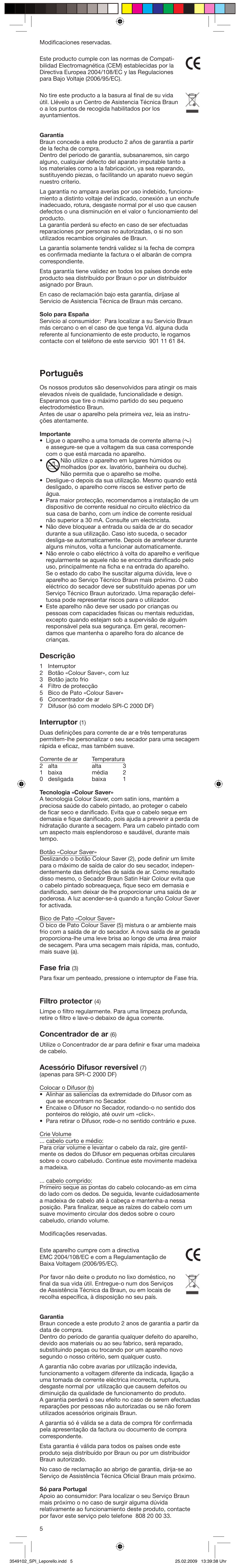 Português, Descrição, Interruptor | Fase fria, Filtro protector, Concentrador de ar, Acessório difusor reversível | Braun SPI-C2000 Satin Hair Colour User Manual | Page 5 / 23