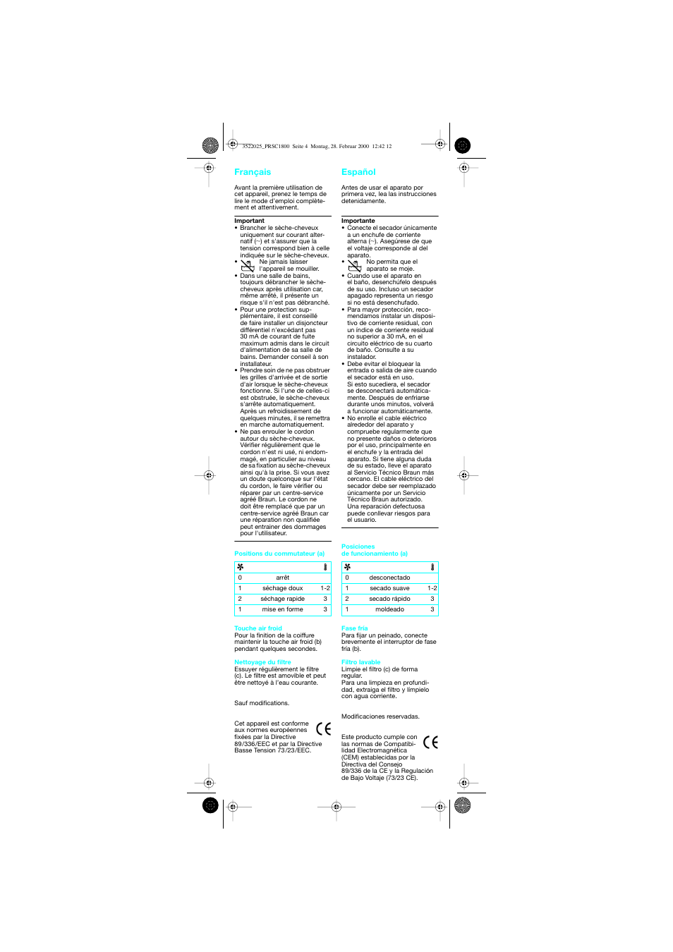 Français, Español | Braun PRSC1800 Professional Style User Manual | Page 5 / 20