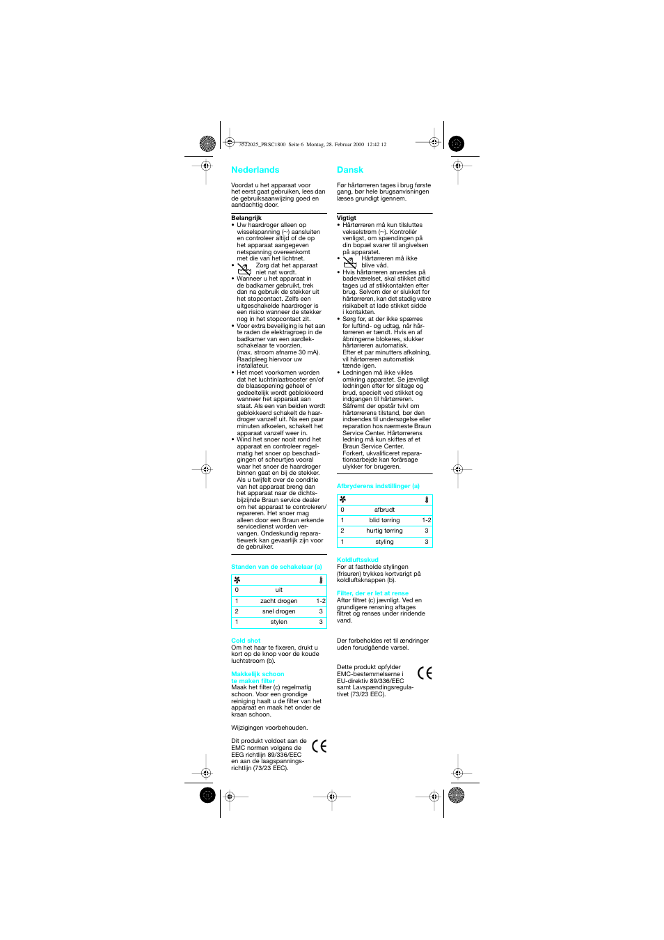 Nederlands, Dansk | Braun PRSC1800 Professional Style User Manual | Page 7 / 20