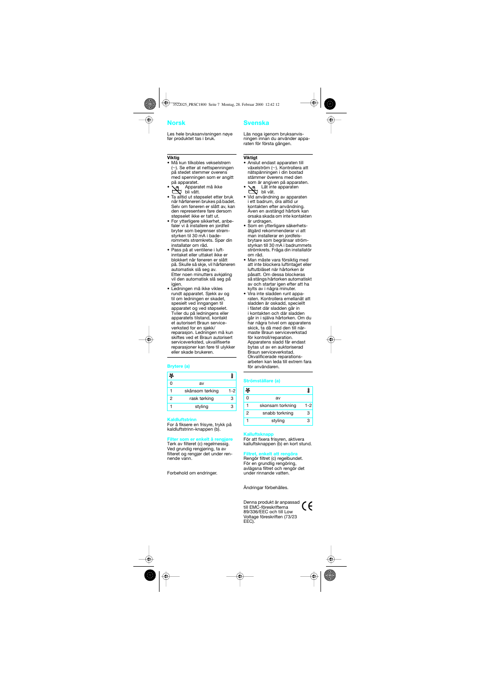 Norsk, Svenska | Braun PRSC1800 Professional Style User Manual | Page 8 / 20