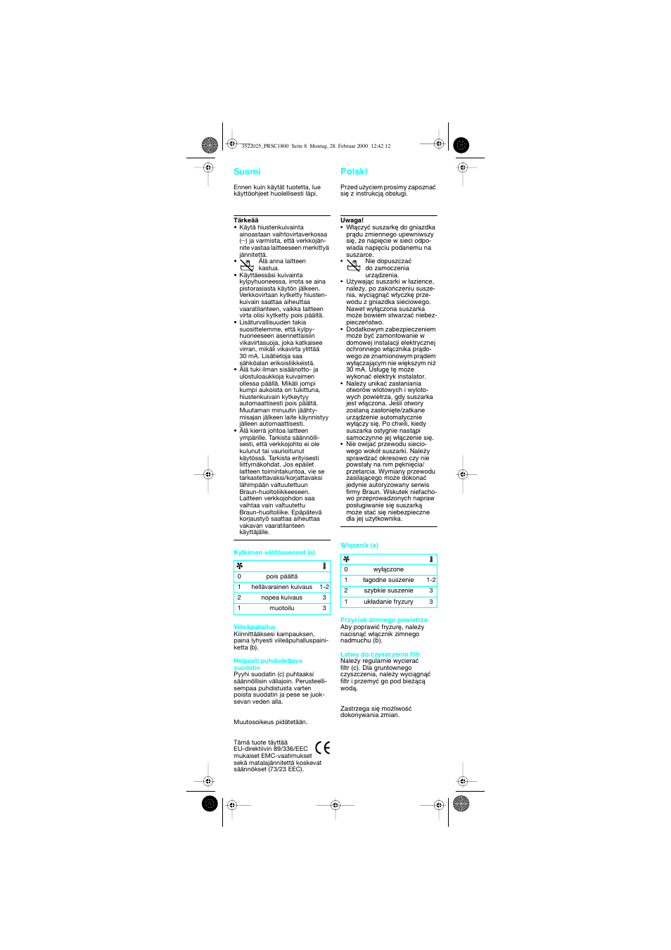 Suomi, Polski | Braun PRSC1800 Professional Style User Manual | Page 9 / 20