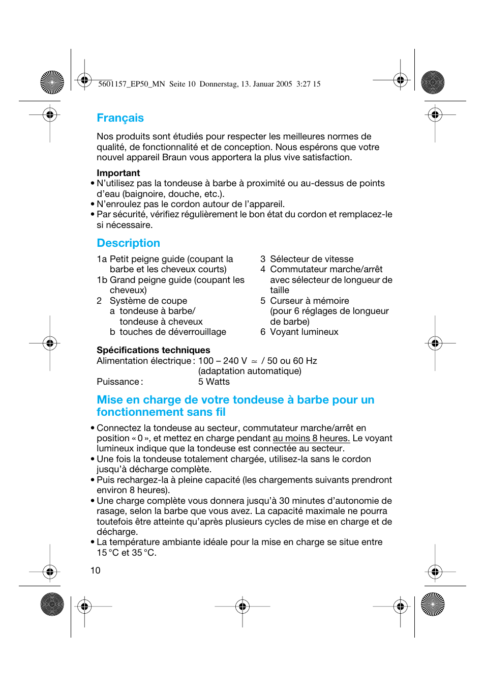 Français, Description | Braun EP50 Exact Power User Manual | Page 10 / 54
