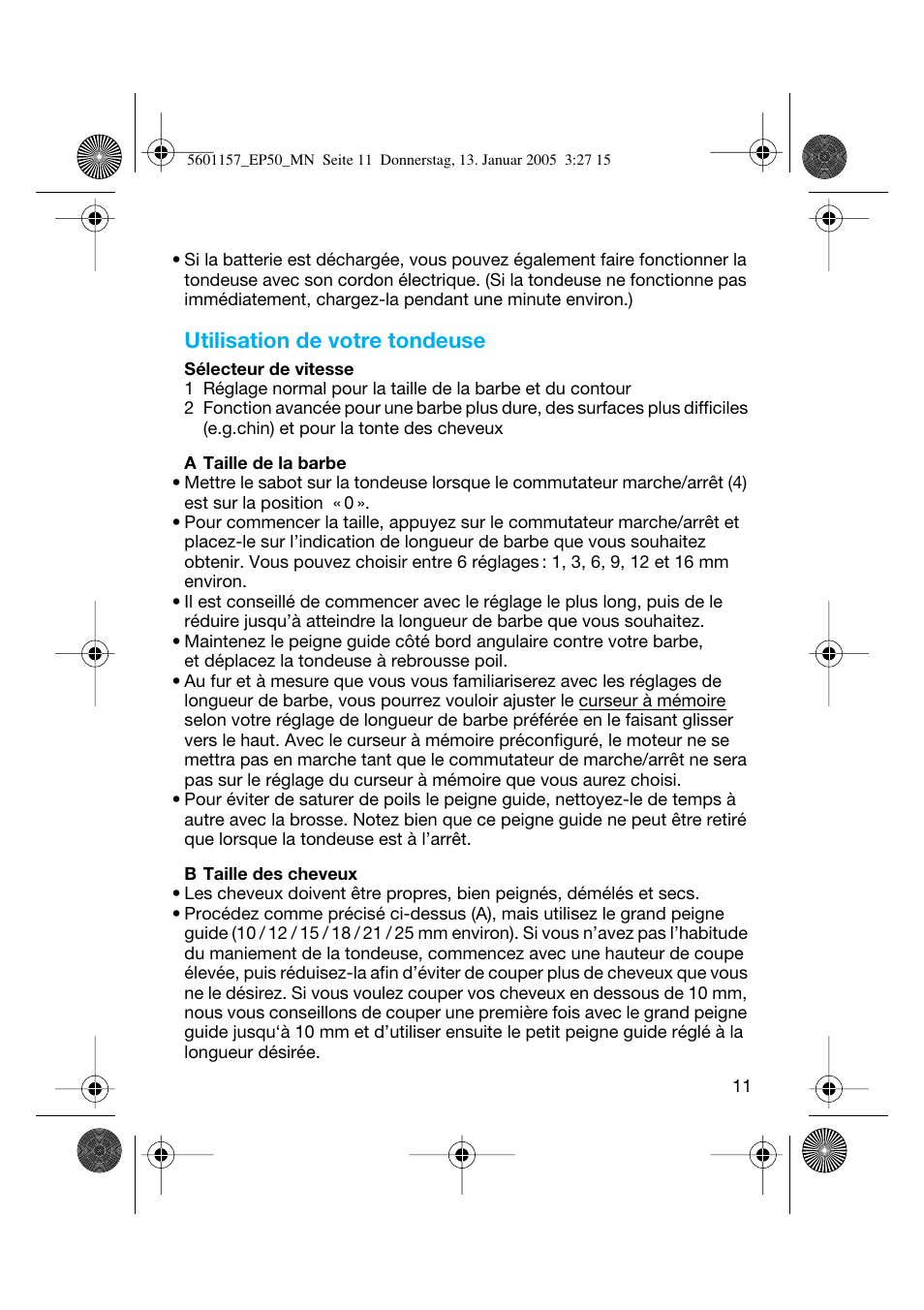 Utilisation de votre tondeuse | Braun EP50 Exact Power User Manual | Page 11 / 54