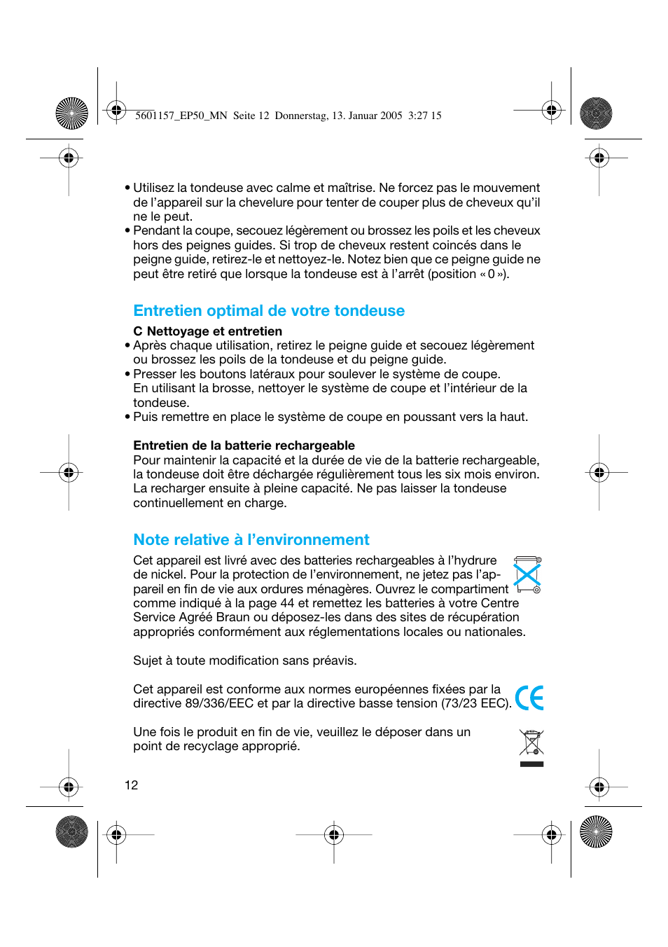 Entretien optimal de votre tondeuse | Braun EP50 Exact Power User Manual | Page 12 / 54