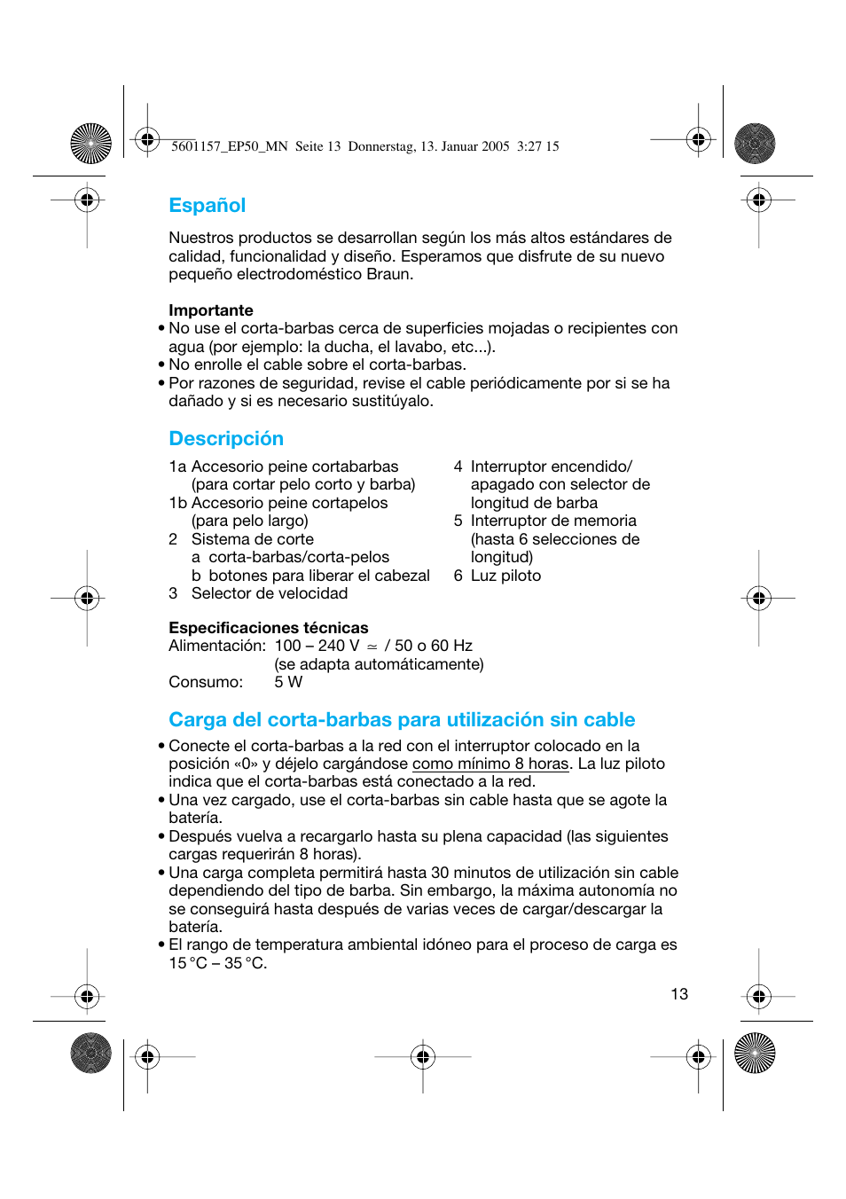 Español, Descripción, Carga del corta-barbas para utilización sin cable | Braun EP50 Exact Power User Manual | Page 13 / 54