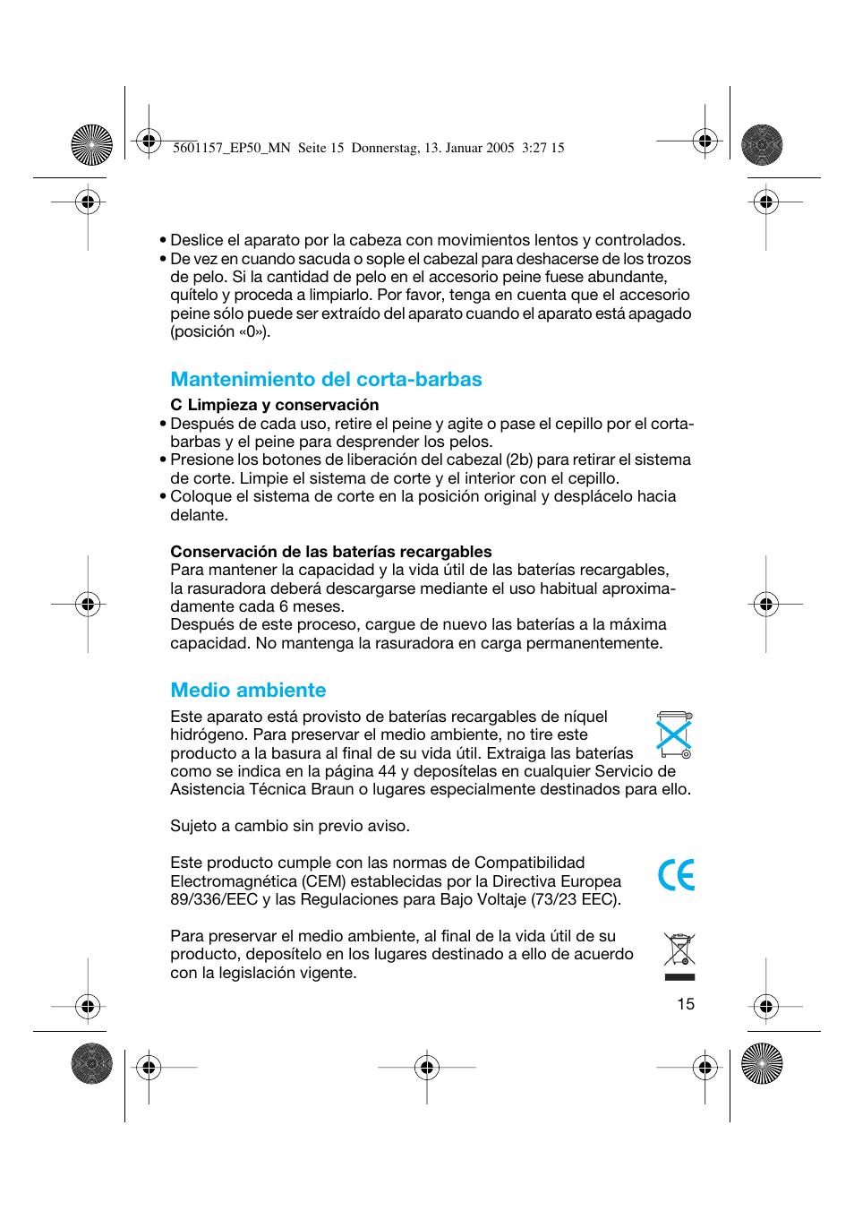 Mantenimiento del corta-barbas, Medio ambiente | Braun EP50 Exact Power User Manual | Page 15 / 54