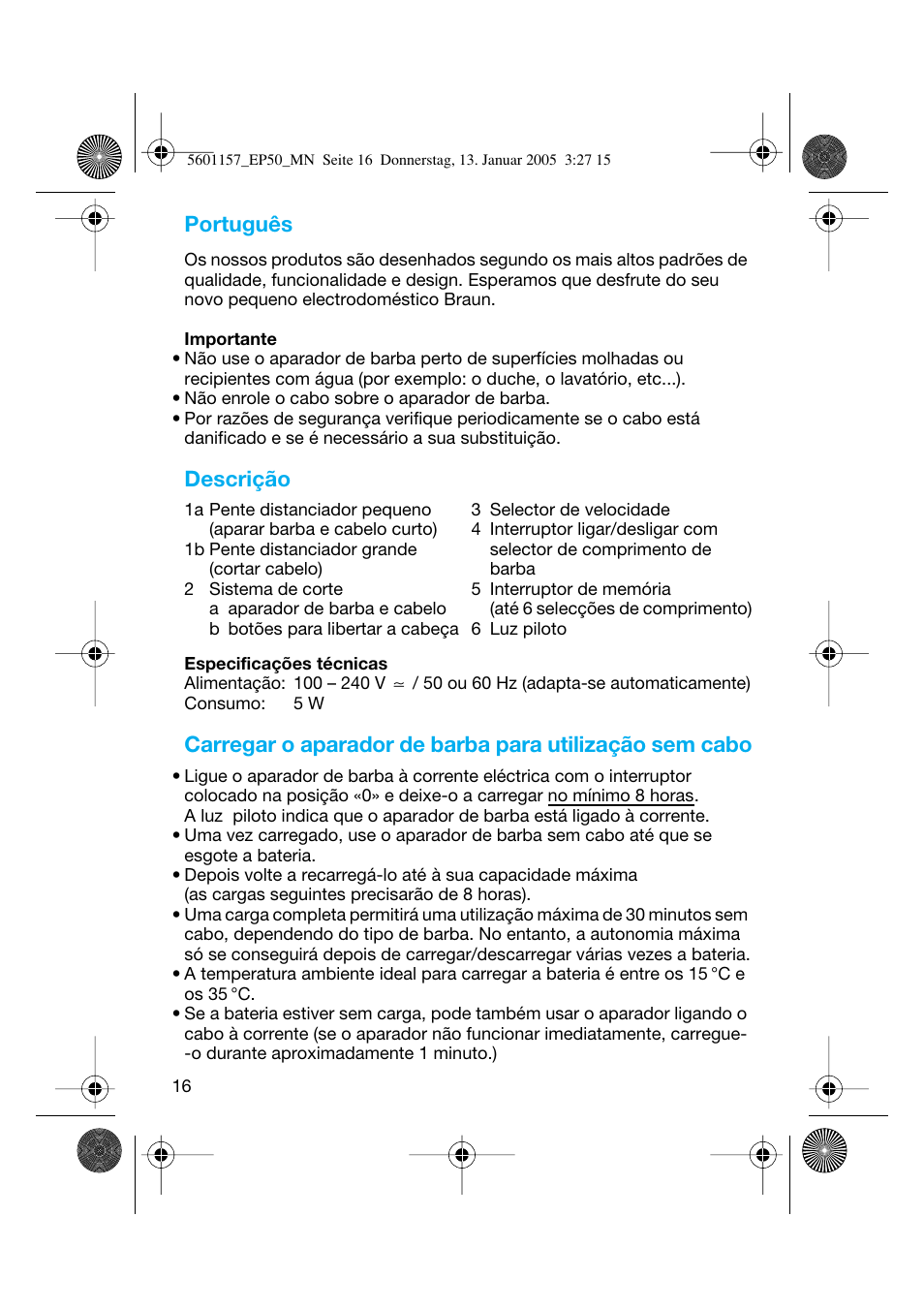 Português, Descrição | Braun EP50 Exact Power User Manual | Page 16 / 54