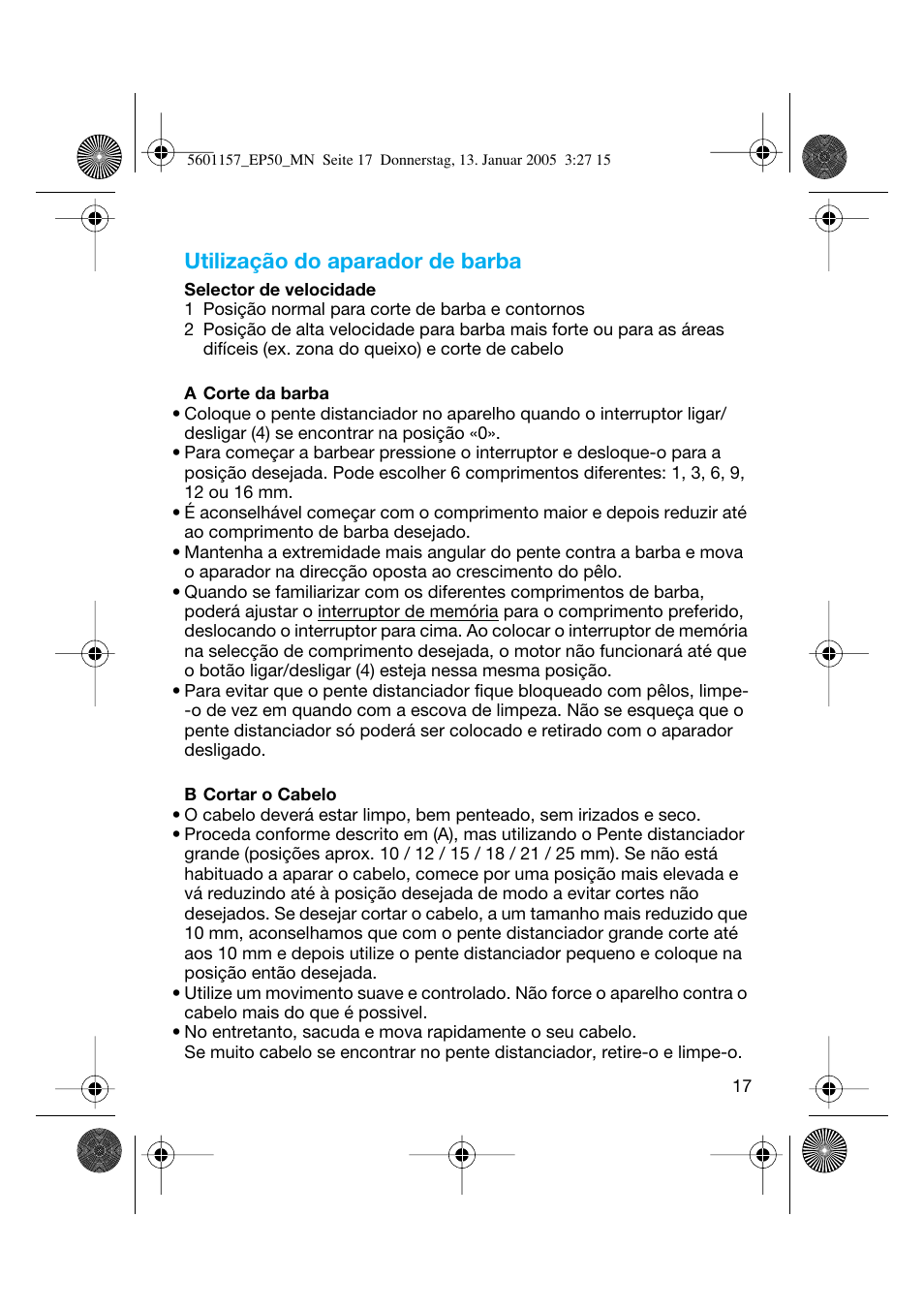 Utilização do aparador de barba | Braun EP50 Exact Power User Manual | Page 17 / 54