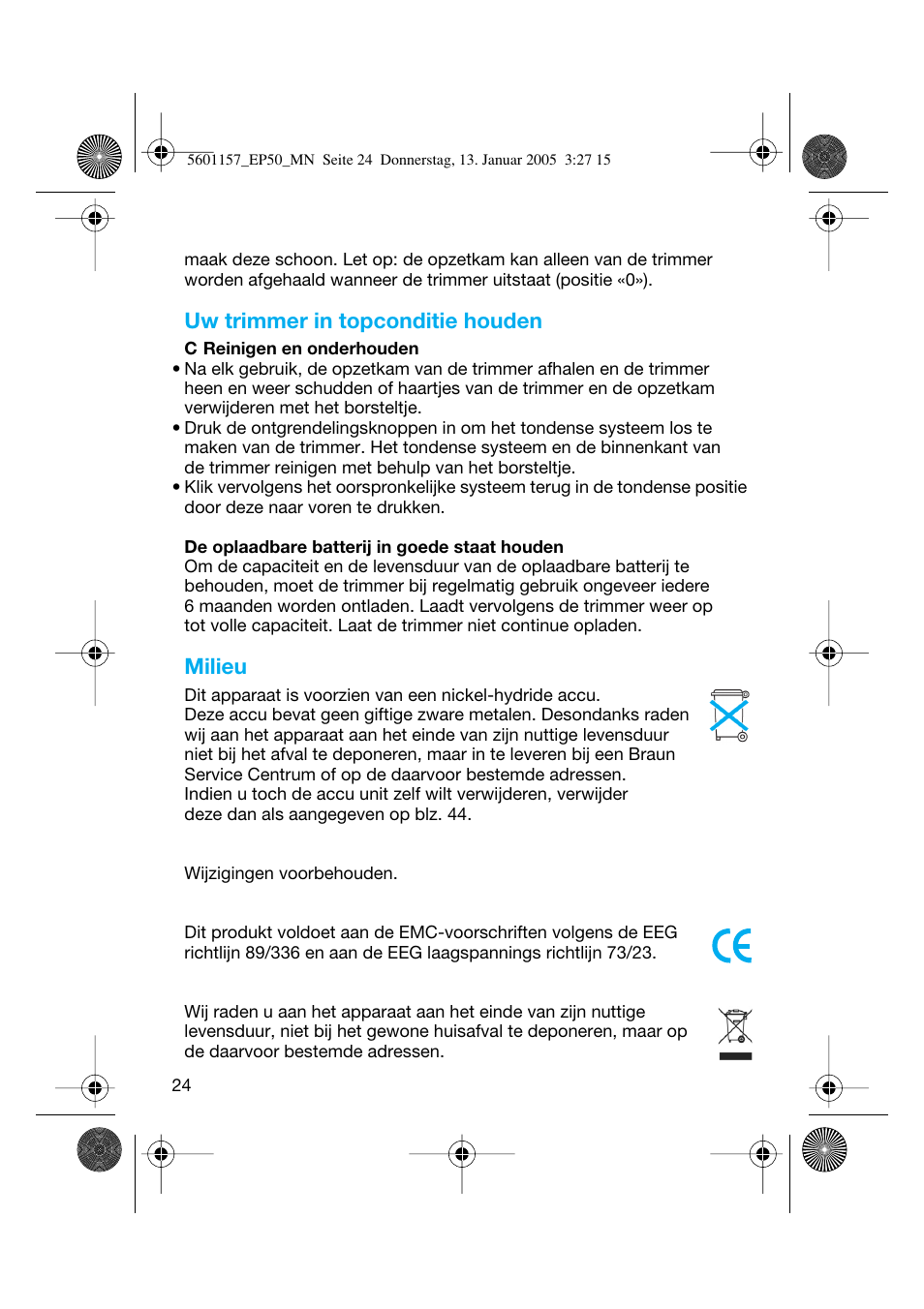 Uw trimmer in topconditie houden, Milieu | Braun EP50 Exact Power User Manual | Page 24 / 54