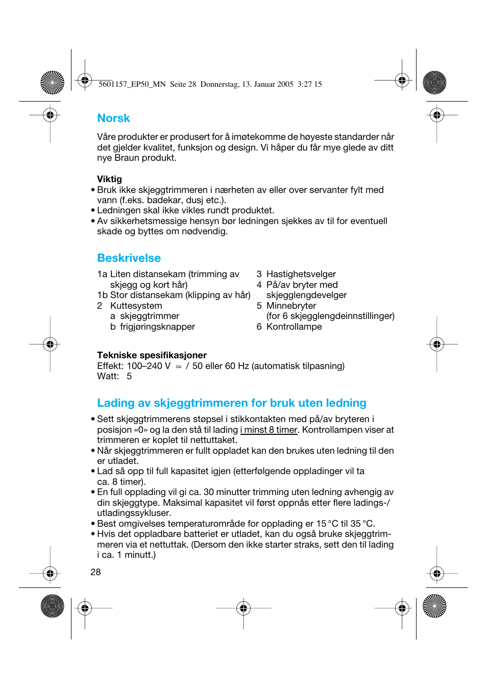 Norsk, Beskrivelse, Lading av skjeggtrimmeren for bruk uten ledning | Braun EP50 Exact Power User Manual | Page 28 / 54