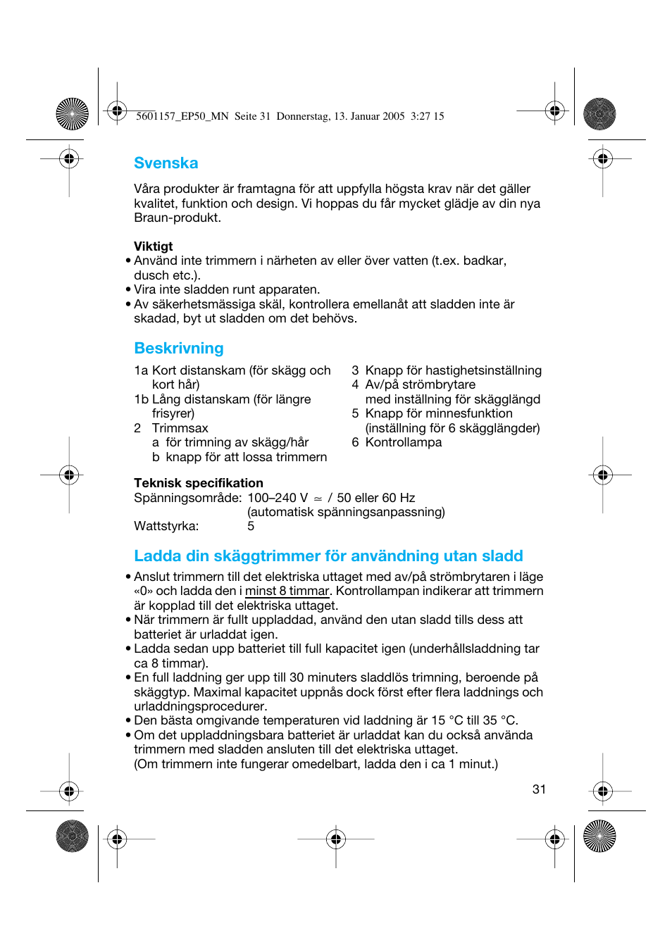 Svenska, Beskrivning, Ladda din skäggtrimmer för användning utan sladd | Braun EP50 Exact Power User Manual | Page 31 / 54