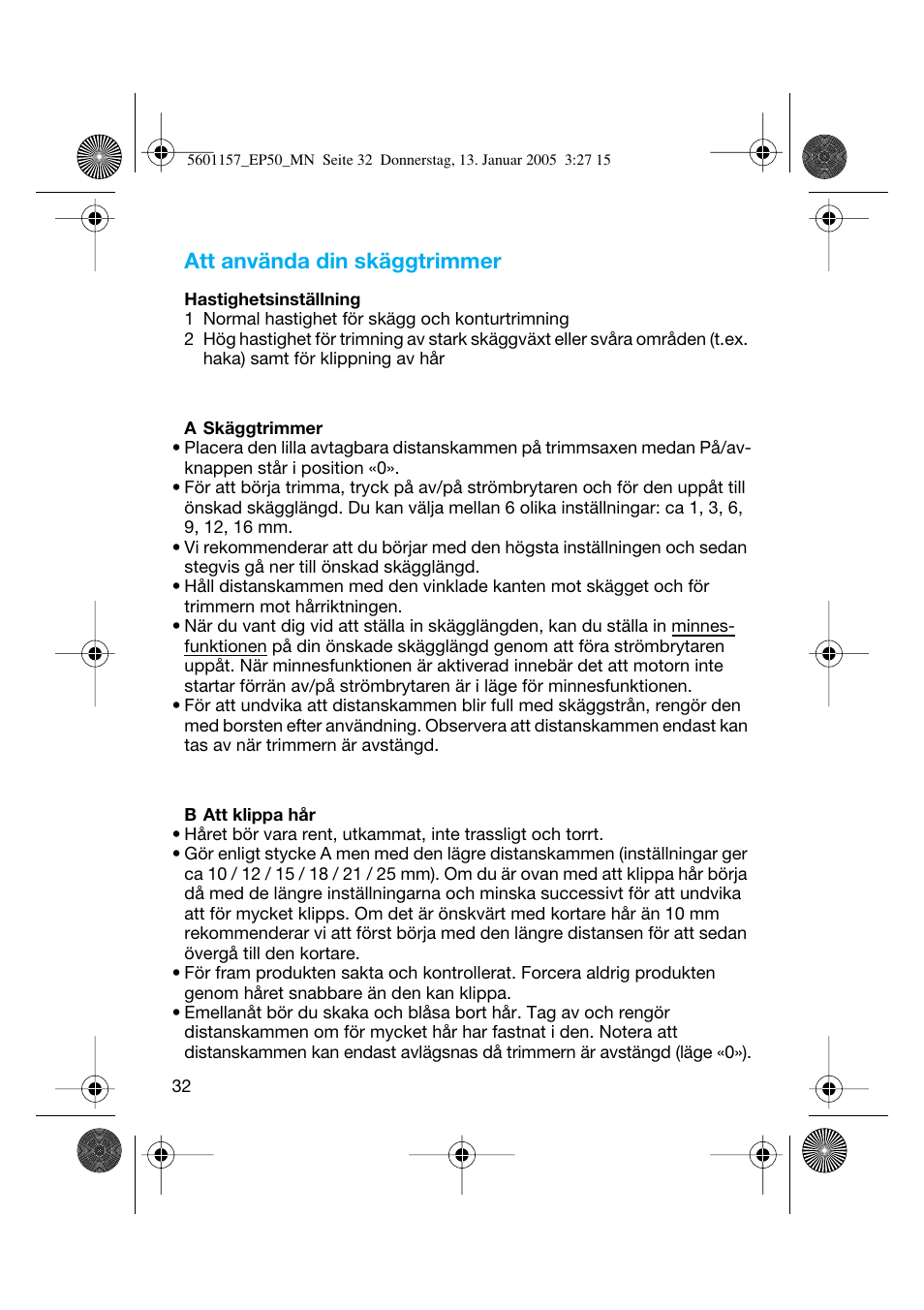 Att använda din skäggtrimmer | Braun EP50 Exact Power User Manual | Page 32 / 54