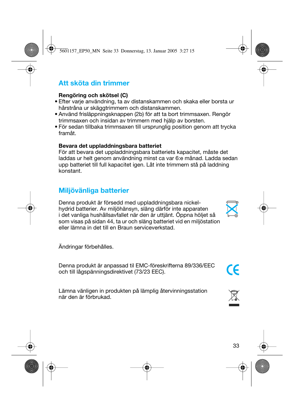 Att sköta din trimmer, Miljövänliga batterier | Braun EP50 Exact Power User Manual | Page 33 / 54