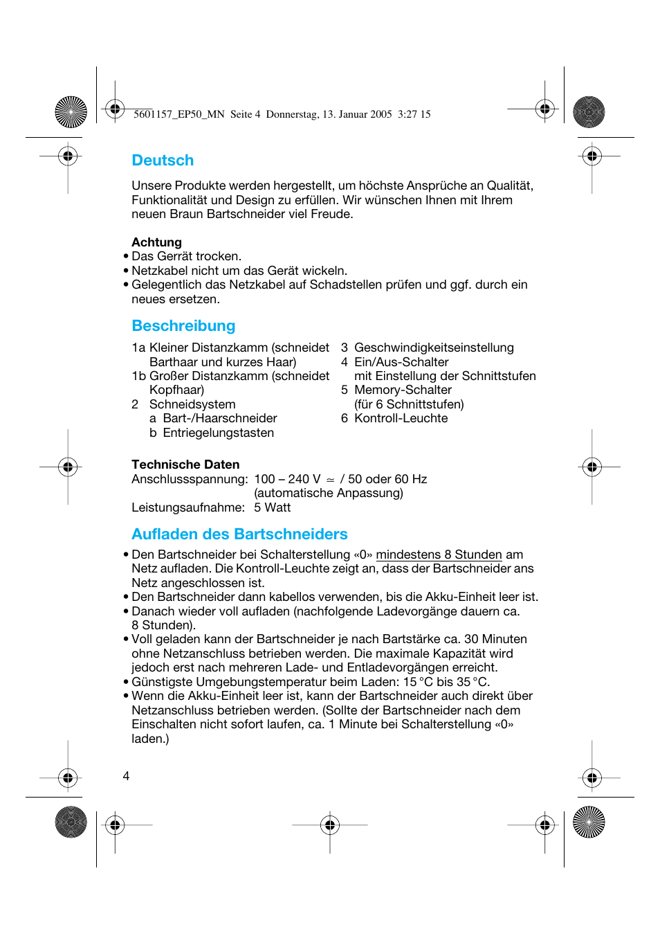 Deutsch, Beschreibung, Aufladen des bartschneiders | Braun EP50 Exact Power User Manual | Page 4 / 54
