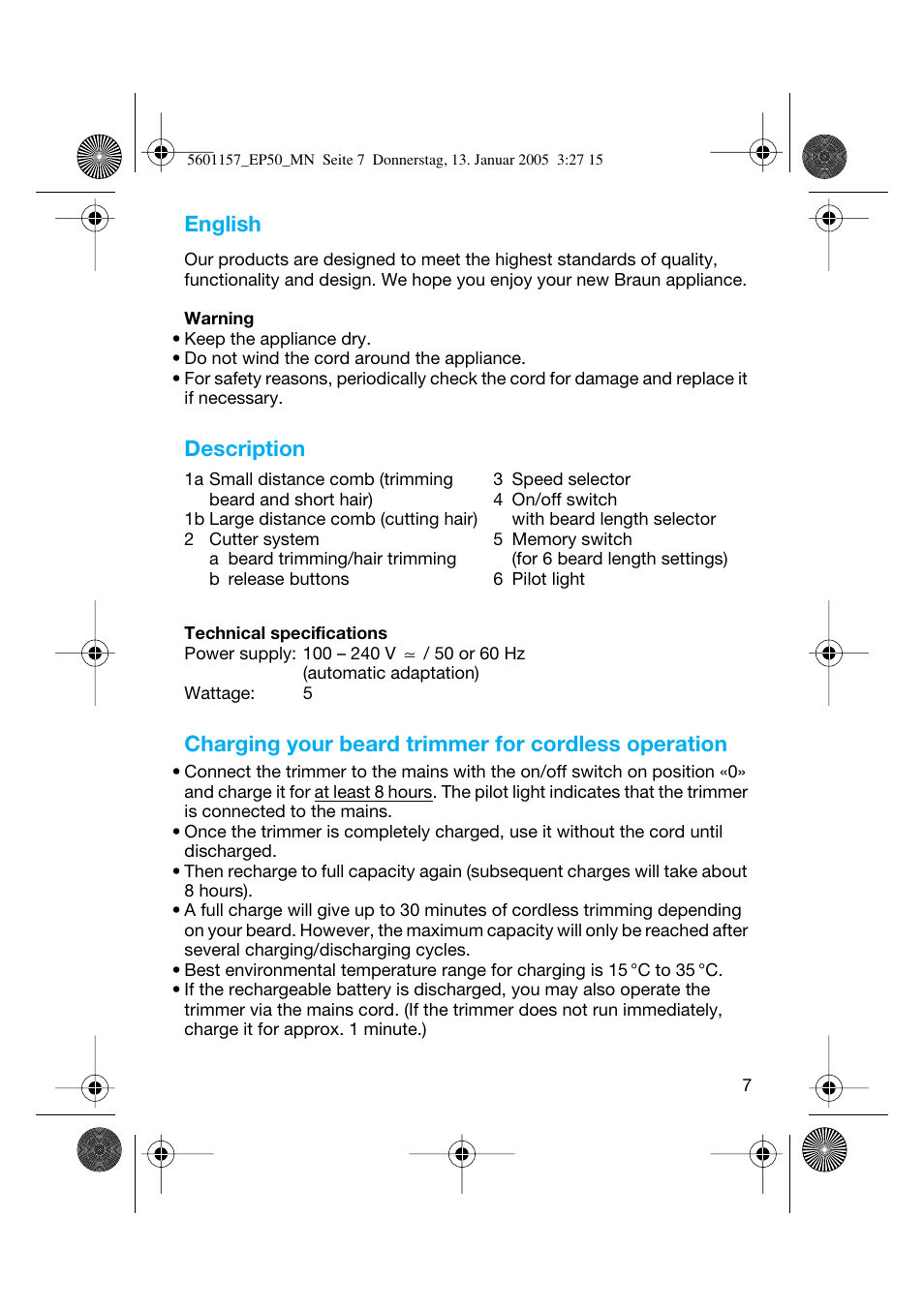 English, Description, Charging your beard trimmer for cordless operation | Braun EP50 Exact Power User Manual | Page 7 / 54