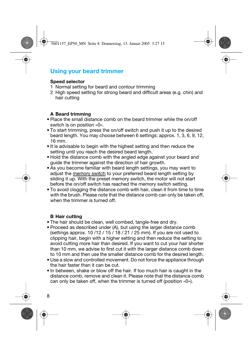 Using your beard trimmer | Braun EP50 Exact Power User Manual | Page 8 / 54