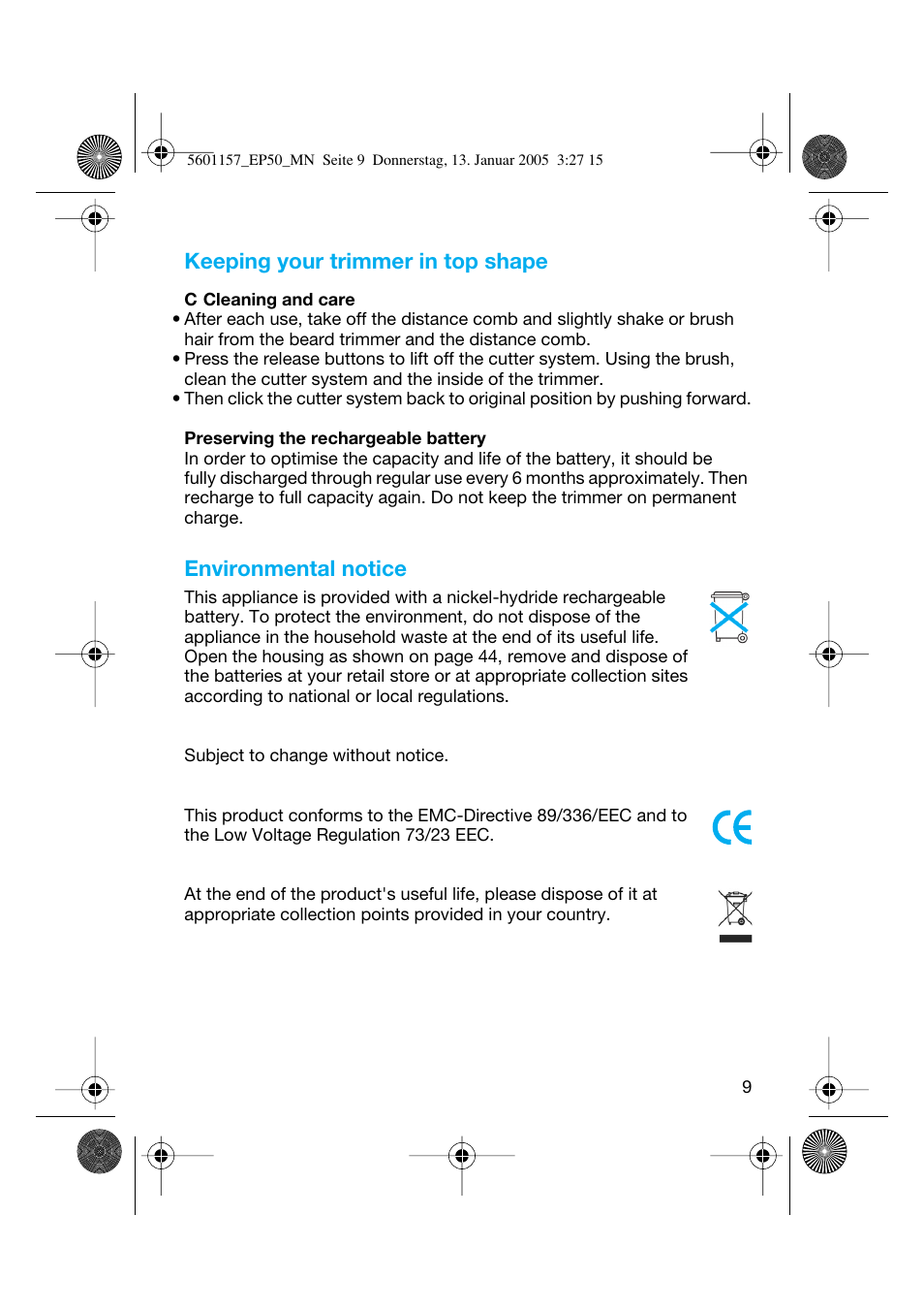 Keeping your trimmer in top shape, Environmental notice | Braun EP50 Exact Power User Manual | Page 9 / 54