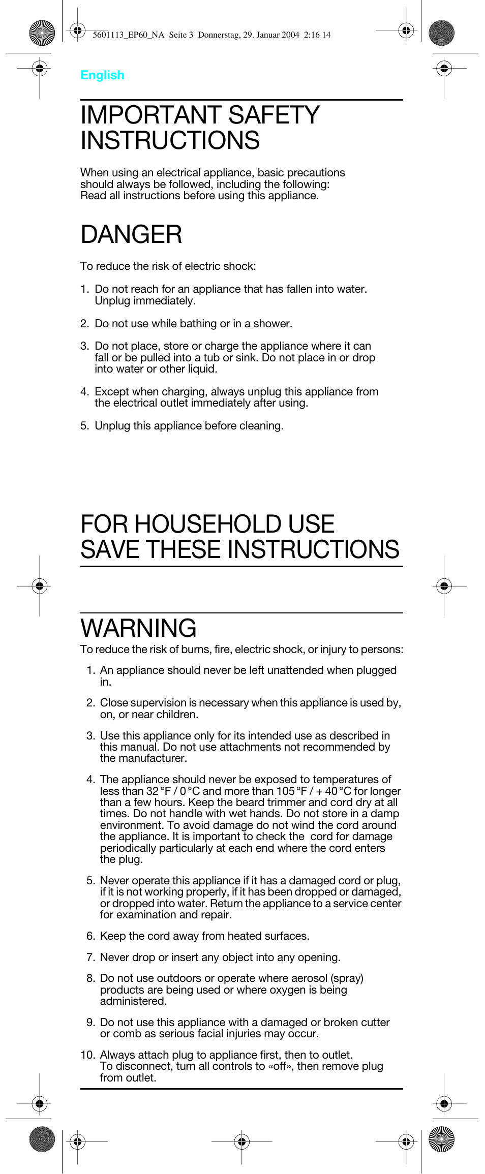 English, Important safety instructions, Danger | For household use save these instructions warning | Braun EP60 Exact Power User Manual | Page 3 / 10