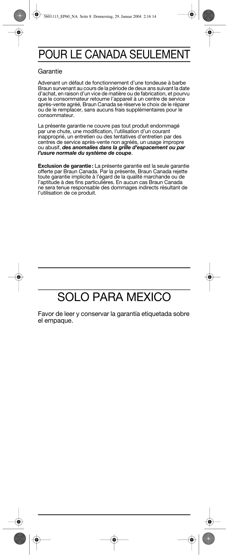 Pour le canada seulement, Solo para mexico | Braun EP60 Exact Power User Manual | Page 8 / 10