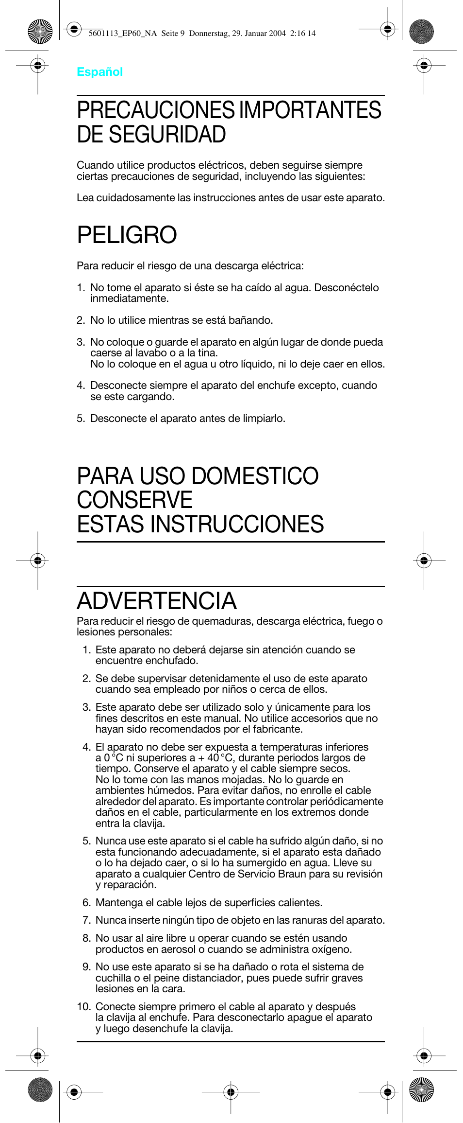 Español, Precauciones importantes de seguridad, Peligro | Braun EP60 Exact Power User Manual | Page 9 / 10