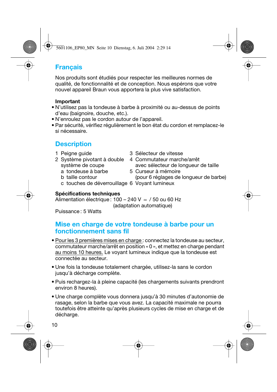 Français, Description | Braun EP80 Exact Power User Manual | Page 10 / 48