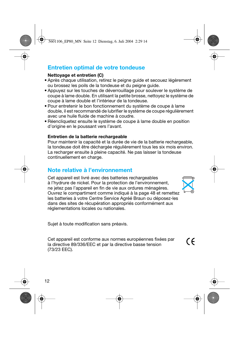 Entretien optimal de votre tondeuse | Braun EP80 Exact Power User Manual | Page 12 / 48
