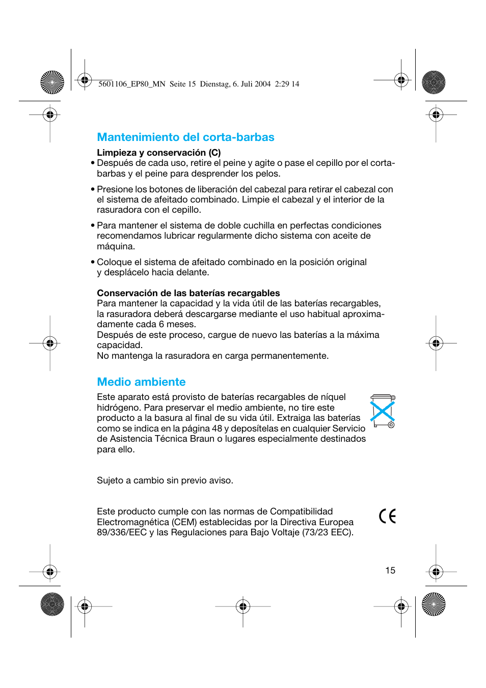 Mantenimiento del corta-barbas, Medio ambiente | Braun EP80 Exact Power User Manual | Page 15 / 48