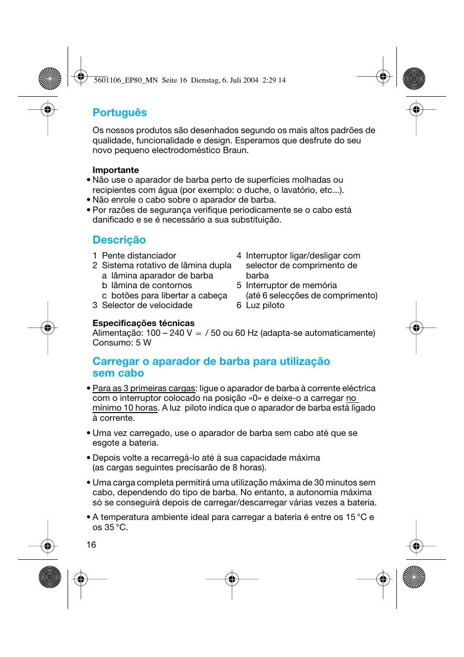 Português, Descrição | Braun EP80 Exact Power User Manual | Page 16 / 48