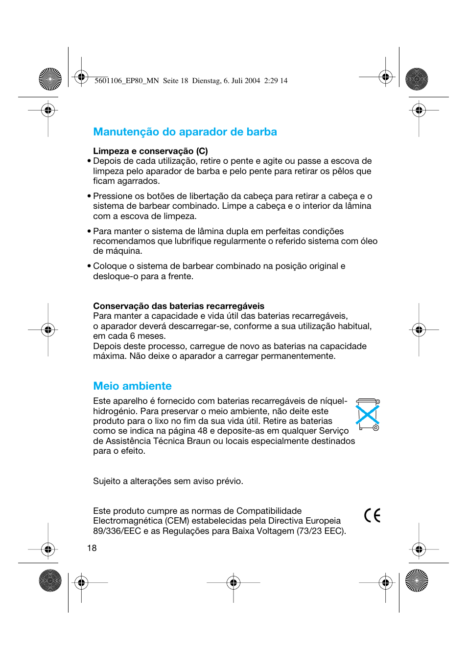 Manutenção do aparador de barba, Meio ambiente | Braun EP80 Exact Power User Manual | Page 18 / 48